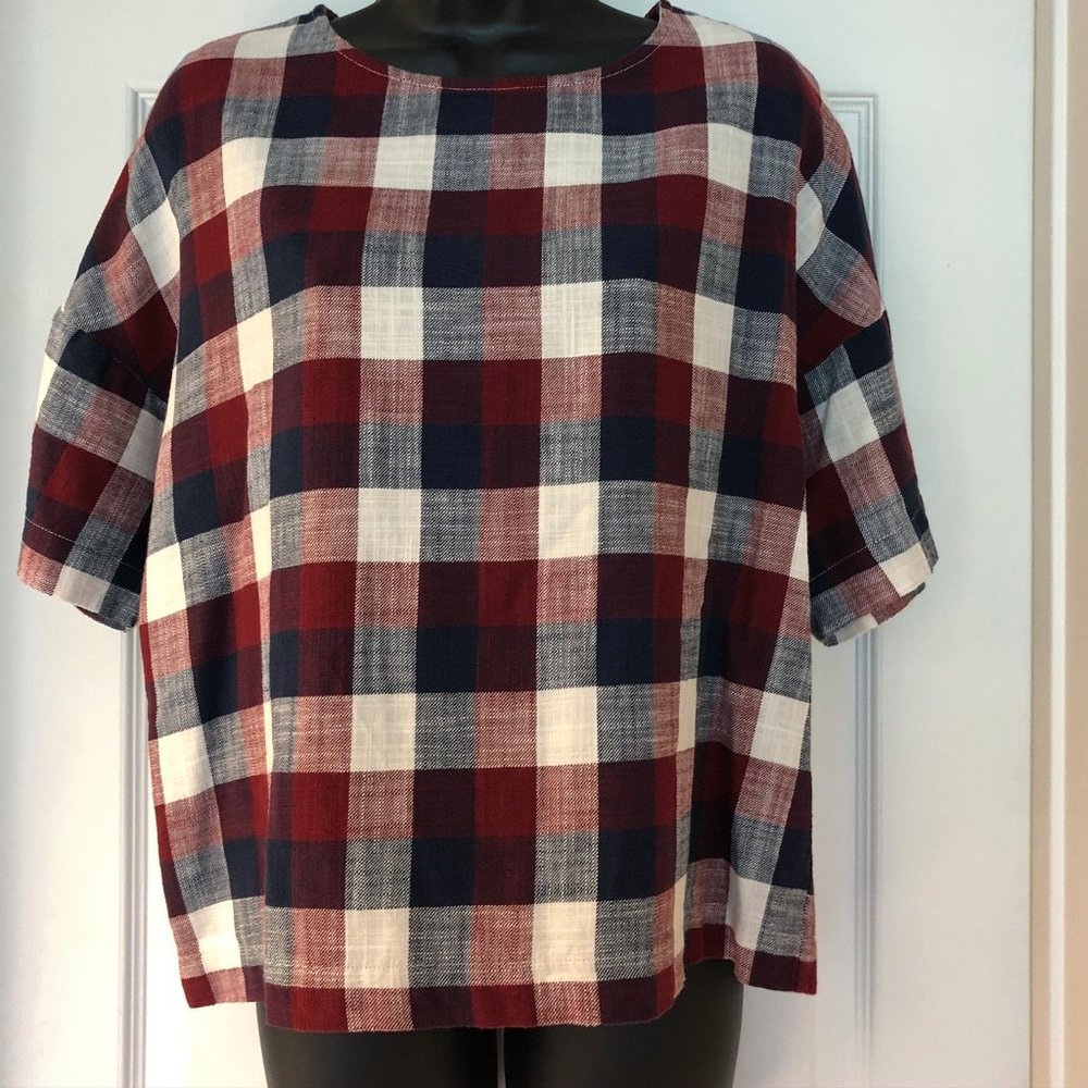 NWOT ZARA Crop Wide Cut Buffalo Plaid Linen Top XS